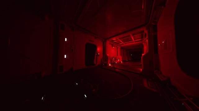 red scifi corridor bathed in ominous emergency light, empty ship interior features metal panels, exposed vents, glowing consoles and open hatch leading to dark