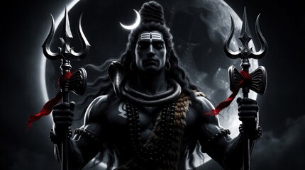 Naklejka premium Powerful Hindu god Lord Shiva holds two metal tridents in dark mystical atmosphere. Strong muscular deity with snake around neck stands before large moon. Spiritual man with crescent moon on