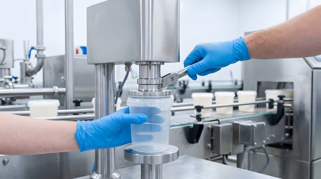Worker Sealing Plastic Cup on Industrial Machine in Food Factory