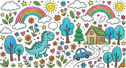 Fototapeta premium Cute Colored Pencil Crayon Doodle Pack with Dinosaur Rainbow House Car Trees Flowers and Smiling Sun Icons for Kids Creative Pattern Background Designs