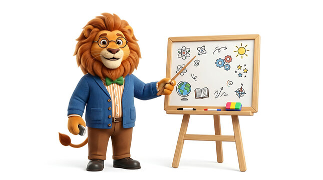 Cartoon lion teacher drawing on easel