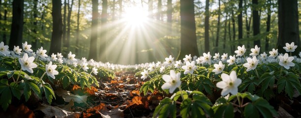 Naklejka premium Sunbeams stream through forest canopy onto white spring flowers carpeting the woodland floor. Green leaves and fallen brown leaves create a natural scene.