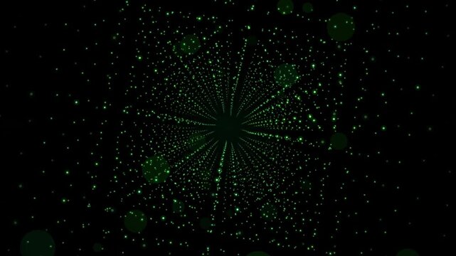 Green digital particle tunnel abstract background, cyber data flow animation, futuristic technology motion