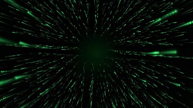 Green particle light trails abstract background, hyperspace warp motion effect, digital data flow and cyber technology visual concept