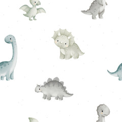 Cute baby dinosaurs watercolor seamless pattern. White kids nursery background with sweet little dinos. © Tetiana Kravchenko