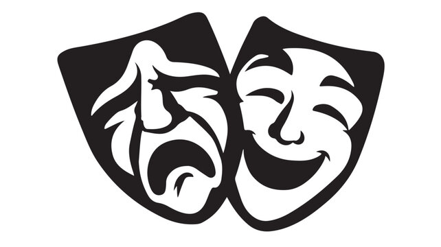 Minimalist vector illustration showing iconic comedy and tragedy theater masks representing contrasting human emotions in a stark black white design