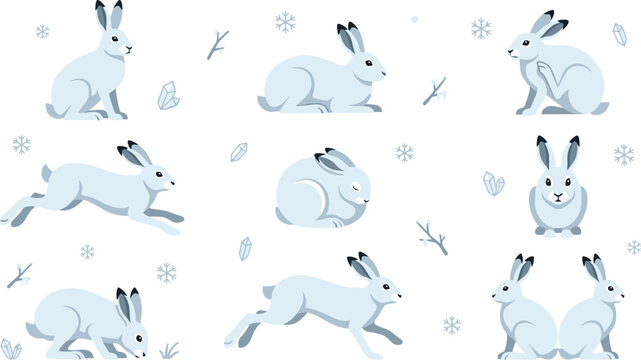 Arctic Hare Vector Illustration Set Featuring Winter Snowshoe Rabbits with Snowflakes and Crystals for Nordic Seasonal Designs