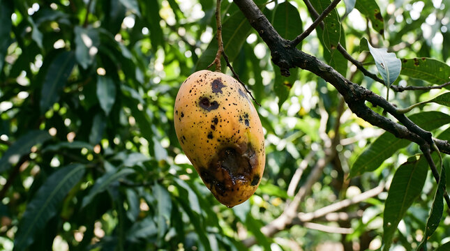 Diseased mango fruit hanging on a tree branch with fungal infection and rot damage
