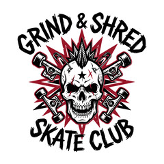 Fototapeta premium Punk skateboard club emblem with skull and crossed trucks graphic design.