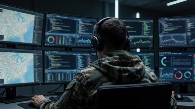 Military-style individual wearing camouflage jacket, headphones intently focuses on multiple computer screens in dimly lit, high-tech command center, monitoring complex cyber defenses, network