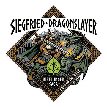 Siegfried dragonslayer graphic design with warrior fighting a monster.