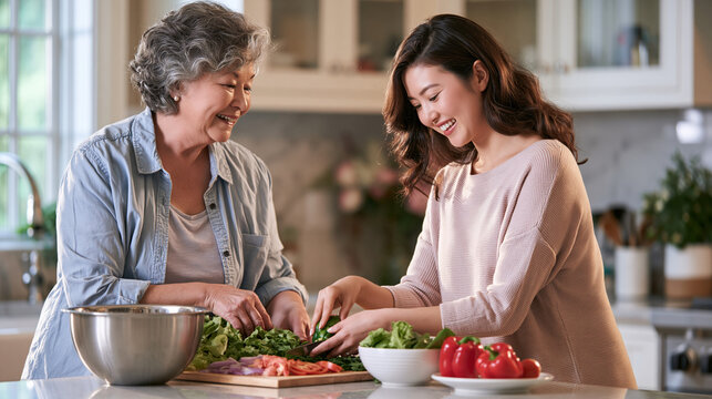 Grandparent and adult daughter preparing colorful healthy meal in elegant kitchen highlighting intergenerational connection and wellness lifestyle