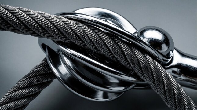 Close-up shot of polished, heavy-duty steel cable running through chrome-plated pulley, cleat system. Twisted wire ropes interlock in precision-engineered metal components under dramatic industrial