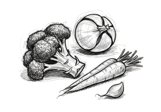 Hand drawn sketch of broccoli  tomato  carrots  and garlic for culinary design.