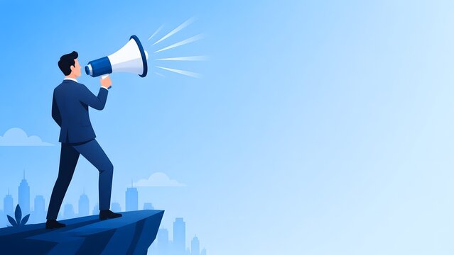 Businessman stands firmly on the left holding a large generic megaphone toward the open space on the right while leaning slightly forward in an active