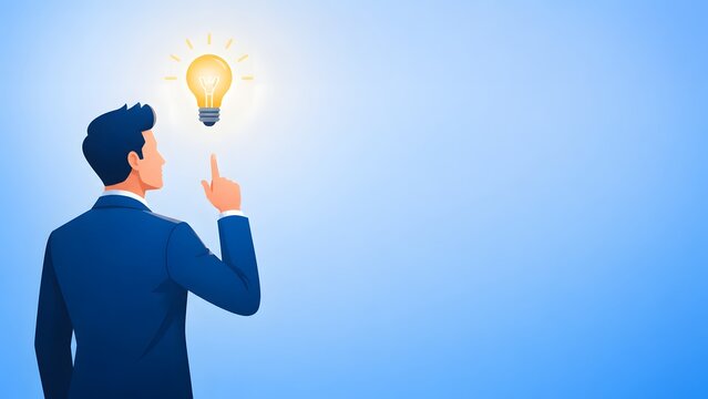 Businessman suddenly raises one index finger beside his head as a single bright light bulb symbol appears above him expressing a new business idea