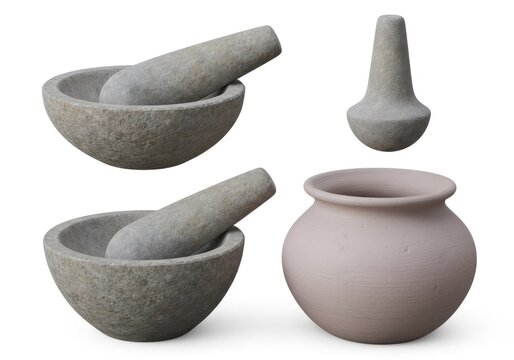 Traditional stone mortars with pestles and a clay pot isolated on white background for cooking.