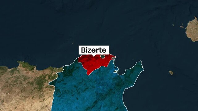 Animated map highlighting the Bizerte region of Tunisia in motion