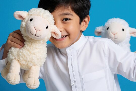 Happy Asian boy wears white thawb, holds fluffy sheep doll, another sheep plush behind. Celebrates Eid al Adha, Islamic holiday joy. Boy smiles, playful mood, studio backdrop.