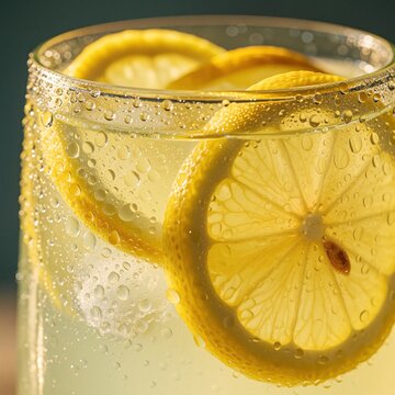 Close up of cold lemonade in glass with lemon slices and water drops. Refreshing summer drink with citrous fruit slices, cool and thirst quenching beverage.
