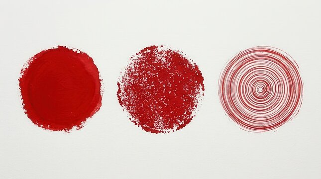 Three Abstract Red Circles with Different Textures on White Background - Minimalist Artistic Paint Strokes