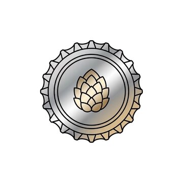 Silver crown bottle cap with hop cone icon for brewery branding isolated on white background