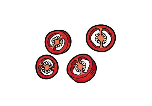 Four round red tomato slices with seeds isolated on white background