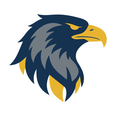 Fototapeta premium Majestic eagle head profile featuring sharp geometric shapes and aerodynamic feathers in navy and gold colors isolated on white. Bold animal emblem concept