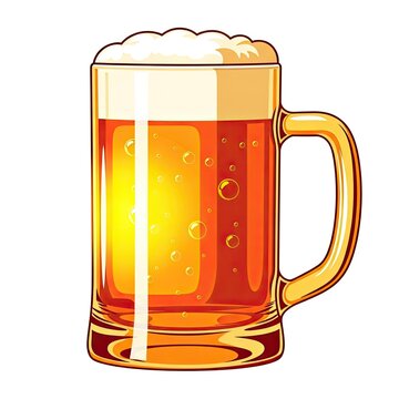 Illustration of a glass mug filled with cold lager beer and foam on a white background