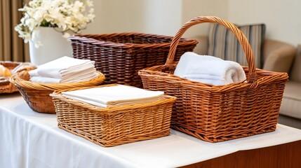 Obraz premium Wicker baskets holding neatly folded white towels on a white clothed table in a warmly lit room with floral decor