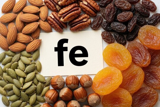 Overhead view of dried fruits and nuts in varied colors. Preliminary dried apricots, raisins, almonds, pumpkin seeds, walnuts, cashews, and almonds are placed around prominently displayed letter fe.