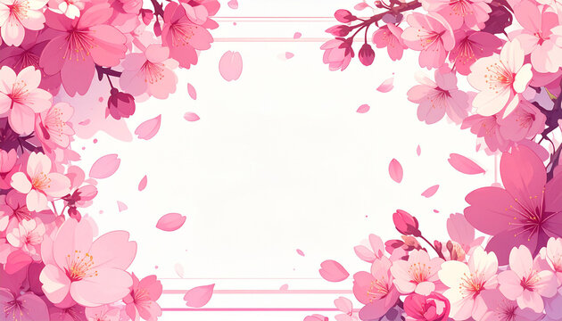 Beautiful cherry blossom frame with pink petals and geometric line accent on white background