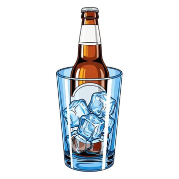 Chilled beer bottle in a glass filled with ice cubes for cooling on a white background