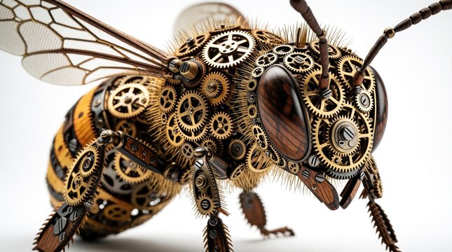 Intricate steampunk bee sculpture made of golden gears, wooden parts. Mechanical insect art with clockwork components, metal cogs on white background. Detailed automaton design shows complex