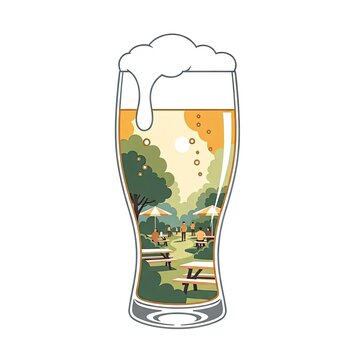 Conceptual illustration of a beer garden scene inside a glass of craft beer