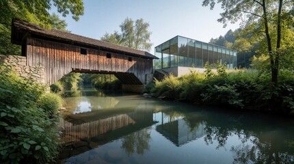 Fototapeta premium Old wooden bridge meets modern glass building by calm river with reflections. Rich green trees line the tranquil water reflecting sky and nature beauty.