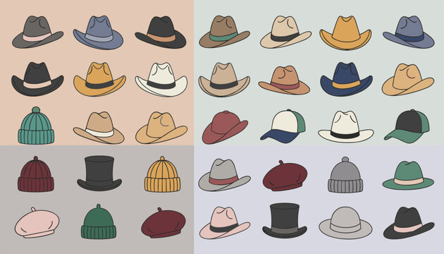 Assorted collection of different styles of headwear including cowboy hats fedoras beanies and berets shown in a organized grid format.