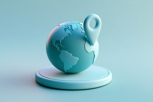 3D render of blue globe with location pin on podium for global navigation and travel concept