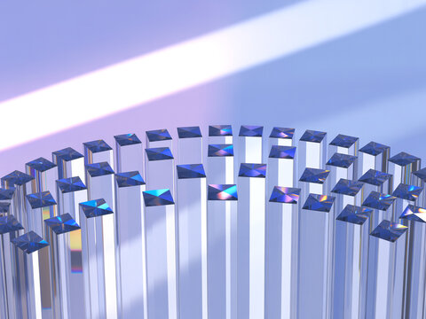 Circular arrangement of upright transparent glass pillars under a soft diagonal beam of light with upright columns optical glass structure geometric pattern