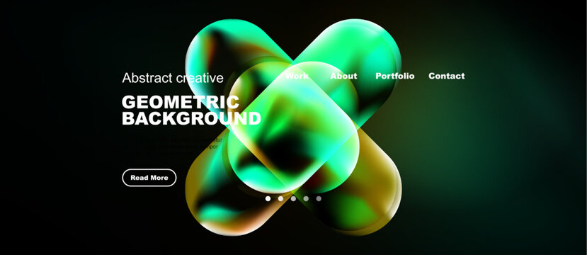 Dark website mockup features vibrant abstract shapes. Geometric background with text elements, navigation menu, button visible. Modern design.