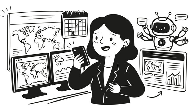 Gerente de negocios o estratega supervisando operaciones globales con m&uacute;ltiples pantallas y un asistente de IA, ilustraci&oacute;n lineal.