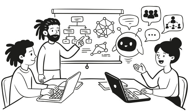 Equipo de trabajo colaborando en una presentaci&oacute;n con un asistente de inteligencia artificial, estilo ilustraci&oacute;n lineal minimalista en blanco y negro.