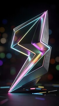 Futuristic 3D lightning bolt icon with colorful neon lights on bokeh background.