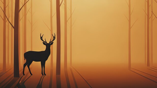 Silhouette of Majestic Stag in Orange Misty Forest, Minimalist Wildlife Illustration