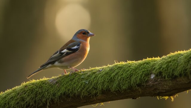 Male Chaffinch Perched on Mossy Branch in Golden Evening Light