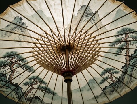 Traditional Japanese paper umbrella with mountain, pine tree painting. Close up view of wooden ribs, canopy design. Vintage wagasa parasol shows oriental landscape art. Asian culture object for