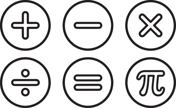 Math Symbols Outline Icon Collection Addition, Subtraction, Multiplication, Division, Equal Sign and Pi for Education and Calculator Design