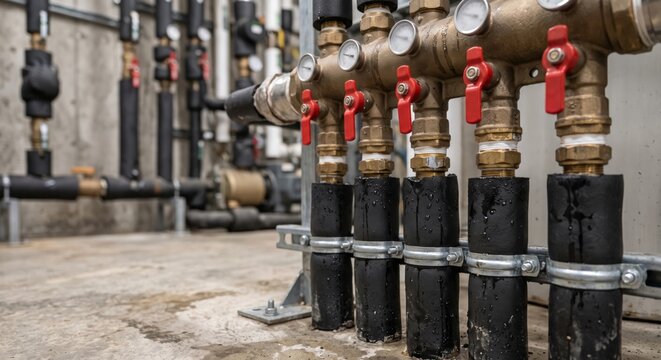Geothermal heat pump system manifold with brass valves and black insulation pipes close-up industrial setup