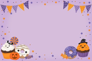 Fototapeta premium Cute purple Halloween background border featuring sweet treats like cupcakes, mummy donuts, lollipops, pumpkins, and festive flag bunting garland with blank center space.