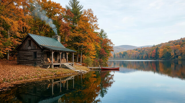 Rustic log cabin with smoking chimney on a calm lake shore during autumn season